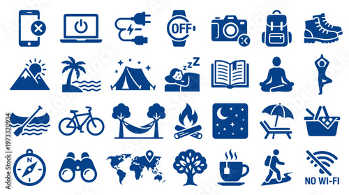 Collection of icons representing outdoor activities travel and leisure with camping hiking biking and relaxation themes in blue color palette