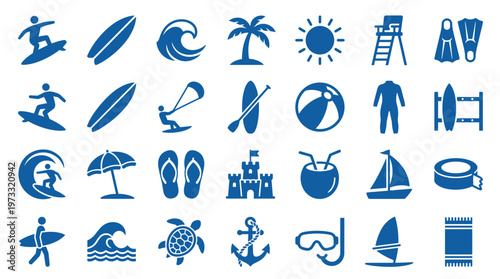 Collection of blue summer vacation and beach activity icons including surfing, swimming, sailing, and relaxation symbols on a white background