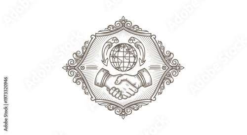 Vintage Engraved Emblem: Global Handshake, Eagles, Earth Globe, Ornate Frame