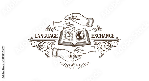 Vintage Language Exchange Emblem: Hands, Open Book, Globe, Ornate Borders