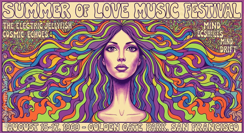 Vibrant poster for the summer of love music festival in 1969 san francisco isolated on transparent background, isolated on white background, Vector