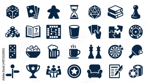 Collection of board game and tabletop game icons representing various leisure activities and entertainment options