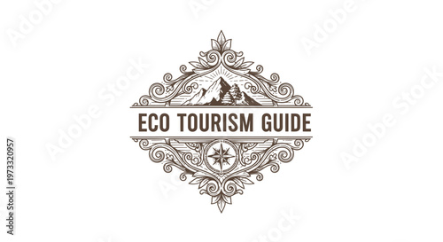 Vintage Eco Tourism Guide Emblem with Mountains and Compass