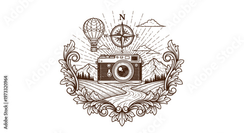 Vintage Camera Emblem: Travel, Adventure, Photography, Hot Air Balloon, Compass, Nature