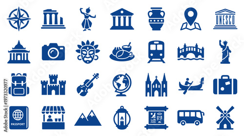 Collection of blue travel and tourism icons representing landmarks transportation culture and adventure symbols for vacation planning and exploration