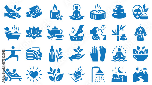 Collection of blue spa and wellness icons representing relaxation massage self care and healthy lifestyle concepts