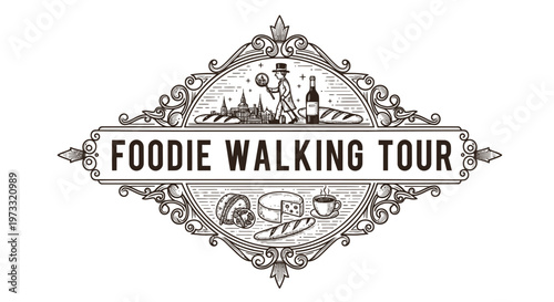 Foodie Walking Tour Vintage Engraved Emblem with Food and City Elements