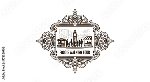 Vintage Engraved Foodie Walking Tour Emblem with Big Ben Silhouette and Market Stalls