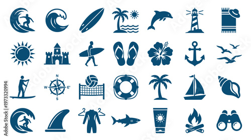 Collection of blue summer vacation and beach icons representing activities and symbols of seaside holidays and water sports