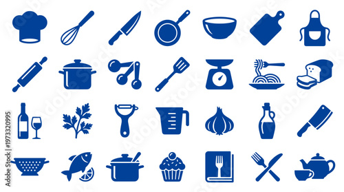 Collection of blue kitchen utensils and cooking ingredients icons representing culinary activities and food preparation
