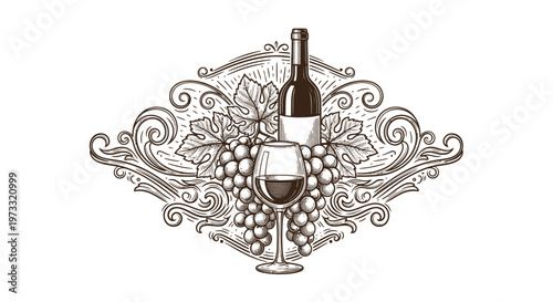 Vintage Wine Emblem: Bottle, Glass, Grapes, Engraved Flourish Border