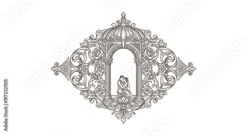 Vintage Engraved Wedding Monogram with Couple Kissing Under Arch