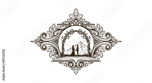 Vintage Engraved Emblem with Landscape and Figures