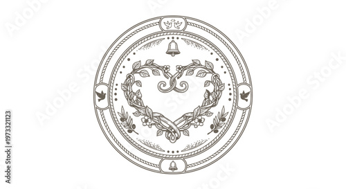Vintage Engraved Heart Wreath with Bell and Birds Emblem