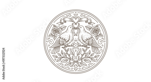Vintage Engraved Love Birds Emblem with Roses and Heart