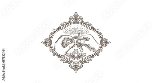 Vintage Engraved Hands Holding Ring in Ornate Frame with Butterfly