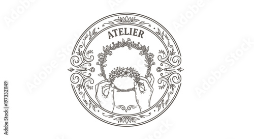 Vintage Engraved Atelier Emblem with Floral Wreath and Hands