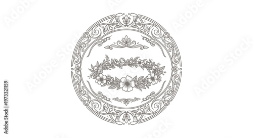 Vintage Engraved Floral Wreath Emblem with Ornate Swirls and Flourishes
