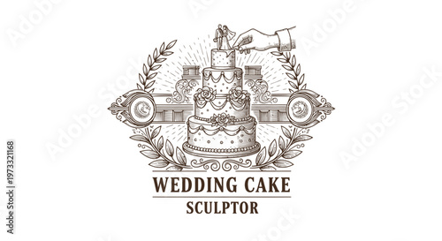 Vintage Wedding Cake Sculptor Emblem with Laurel Wreath and Couple Silhouette