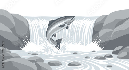 A majestic silver salmon leaps through the air in front of a powerful cascading waterfall surrounded by rugged grey rocks and white mist in the wild.