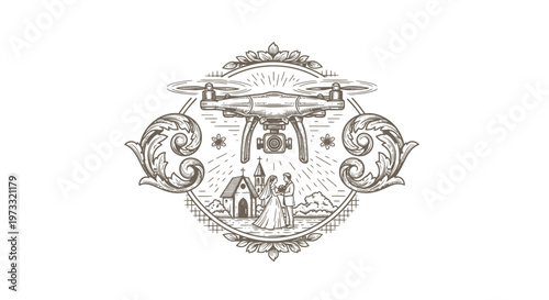 Vintage engraved drone over wedding scene with church and couple