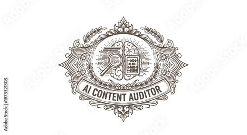 Vintage AI Content Auditor Emblem with Brain, Magnifying Glass, Book