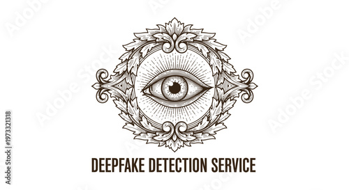 Vintage engraved eye emblem for deepfake detection service