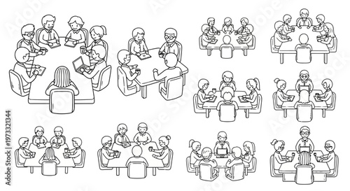 Monochromatic Line Art of People Working and Meeting at Tables in Various Group Arrangements on Isolated White Background