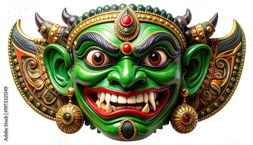 Vivid close-up of a detailed, ornate mask with a menacing expression, vibrant colors, and sharp teeth. Features elaborate adornments