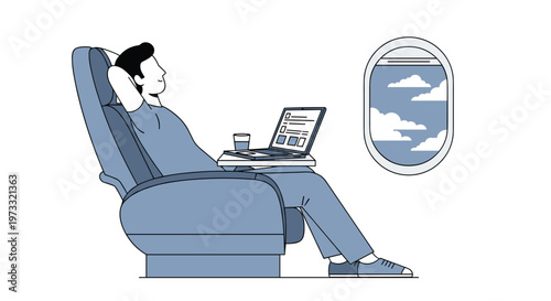 Relaxed male passenger reclines comfortably in a blue airplane seat while working on a laptop computer with fluffy white clouds visible through the window.