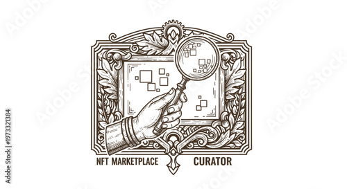 Vintage Engraved NFT Marketplace Curator Icon with Magnifying Glass Inspecting Digital Art