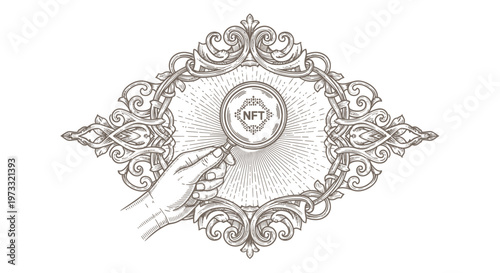 NFT Concept: Magnifying Glass Examining Digital Art Token in Vintage Frame