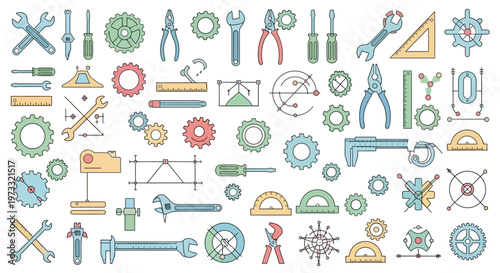Collection of various mechanical tools icons.