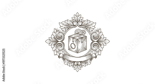 Vintage Engraved Emblem with Ornate Scrollwork and Blank Banner