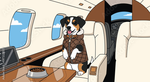 Adorable small dog wearing a stylish brown quilted jacket sits upright on a plush cream-colored seat inside a luxurious private jet airplane cabin interior.