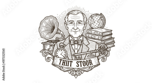 Vintage Gentleman with Gramophone, Books, Globe, Pocket Watch, and Key