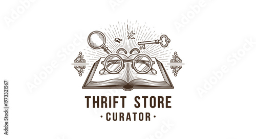 Canvastavla Vintage Engraved Thrift Store Curator Logo with Magnifying Glass, Key, and Book