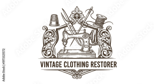 Vintage Clothing Restorer Emblem: Sewing Machine, Scissors, Thimble, Thread Spool