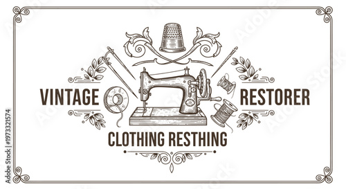 Vintage Sewing Machine Emblem with Thimble and Spools, Clothing Restoration Logo