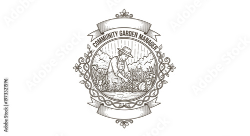 Vintage Community Garden Manager Emblem with Gardener and Plants