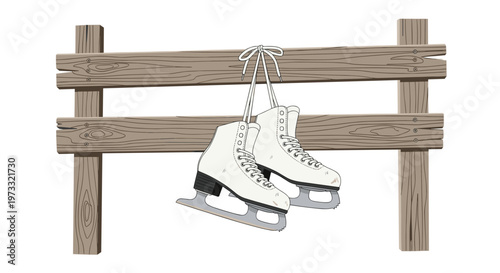 Pair of pristine white figure skates with silver blades hangs by their tied laces from a rustic weathered wooden fence against a clean white background.