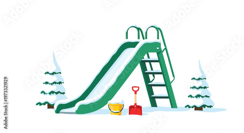 An empty green metal playground slide sits quietly in a snowy park surrounded by frosted pine trees and colorful plastic winter sand toys for children.