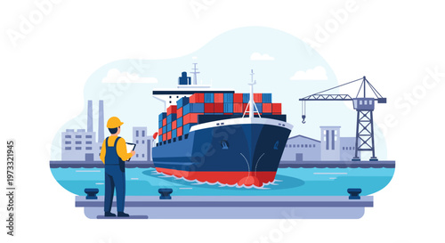 A professional dockworker wearing a yellow safety helmet and blue overalls monitors a massive container ship as it navigates through a busy ocean port.