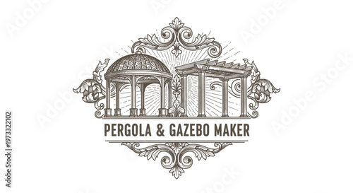 Vintage Pergola and Gazebo Maker Logo with Ornate Frame