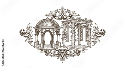 Vintage Engraved Gazebo Illustration with Ornate Flourishes