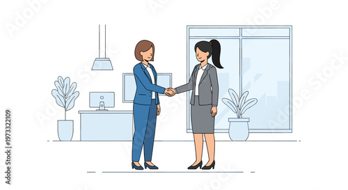 Two professional businesswomen dressed in elegant formal suits exchange a firm handshake to finalize a successful deal within a bright corporate office.