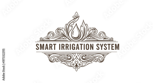 Vintage Engraved Smart Irrigation System Logo with Water Drop