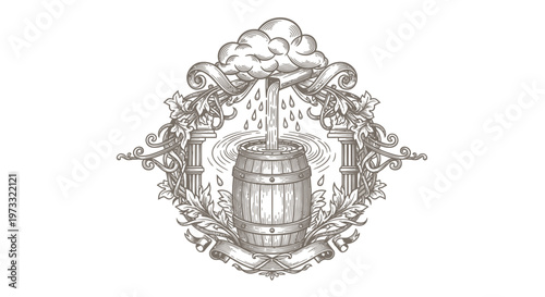 Vintage Engraved Emblem: Rain Falling into Wooden Barrel, Ornate Frame