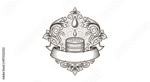 Vintage Engraved Emblem with Barrel and Ribbon, Isolated on White
