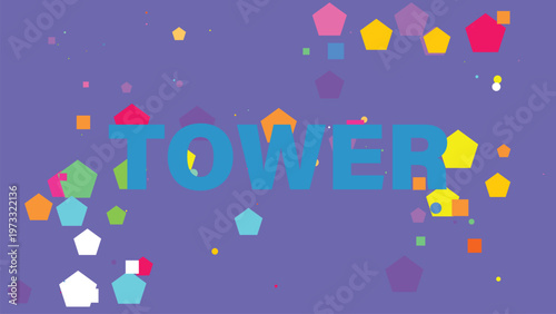 Colorful geometric tower background, purple hexagons, vibrant shapes